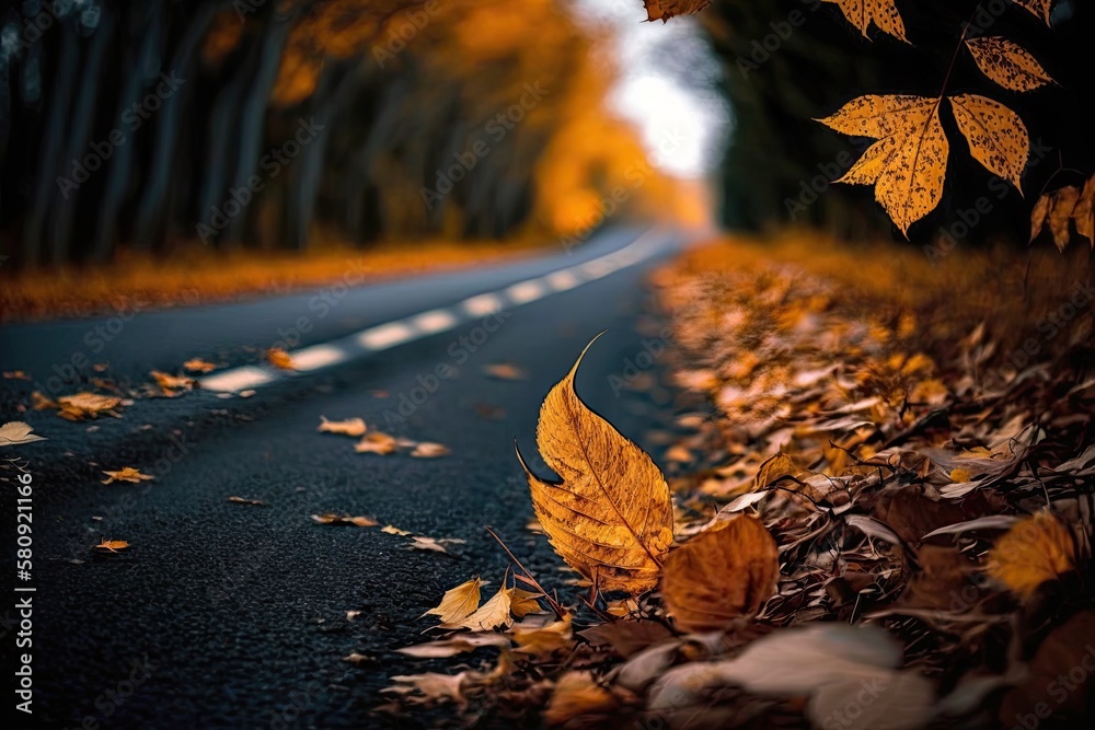 November sees autumnal roadside leaves fall to the ground against an autumnal backdrop. Generative A