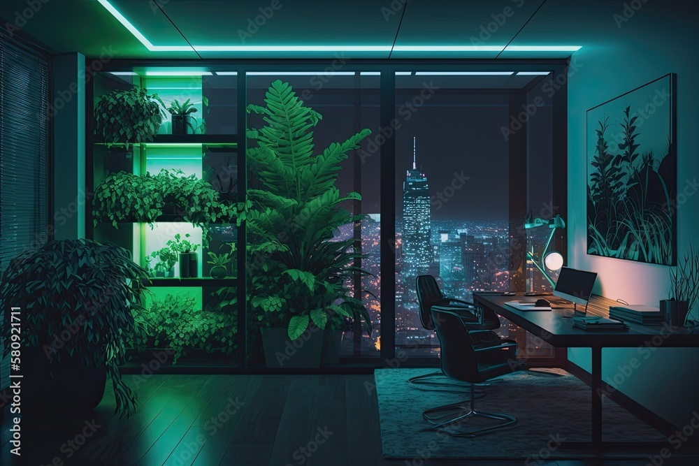 Office space with a futuristic interior design, green wall plants, and a lovely nighttime cityscape.