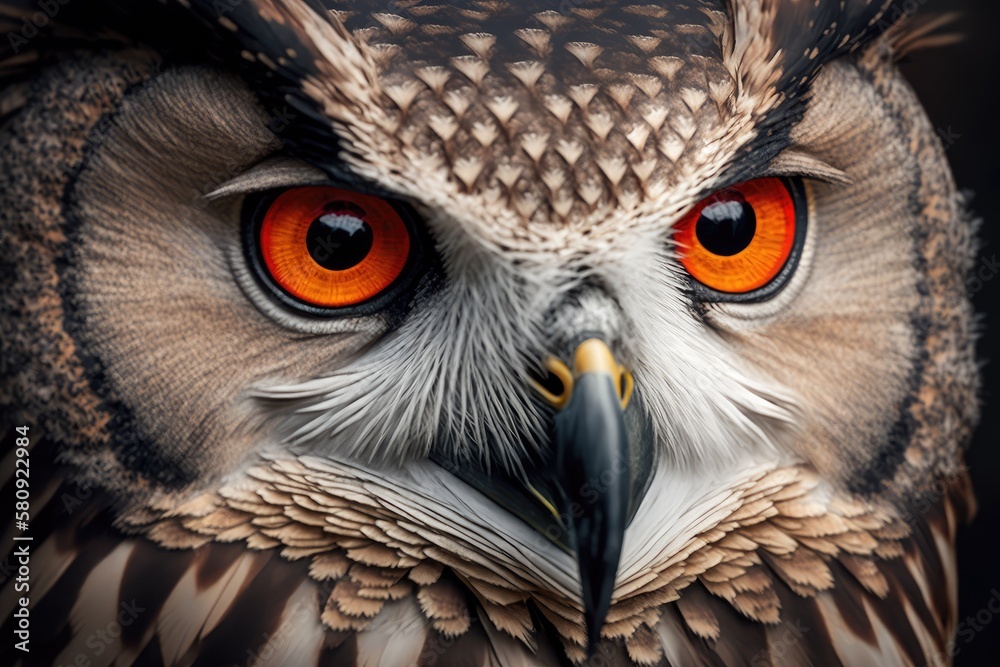 Close up of a red eyed eagle owls face. Generative AI