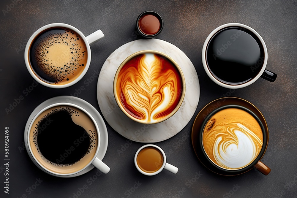 hot coffee cup collection, cappuccino, espresso, black coffee, and hot tea in top view on marble tab