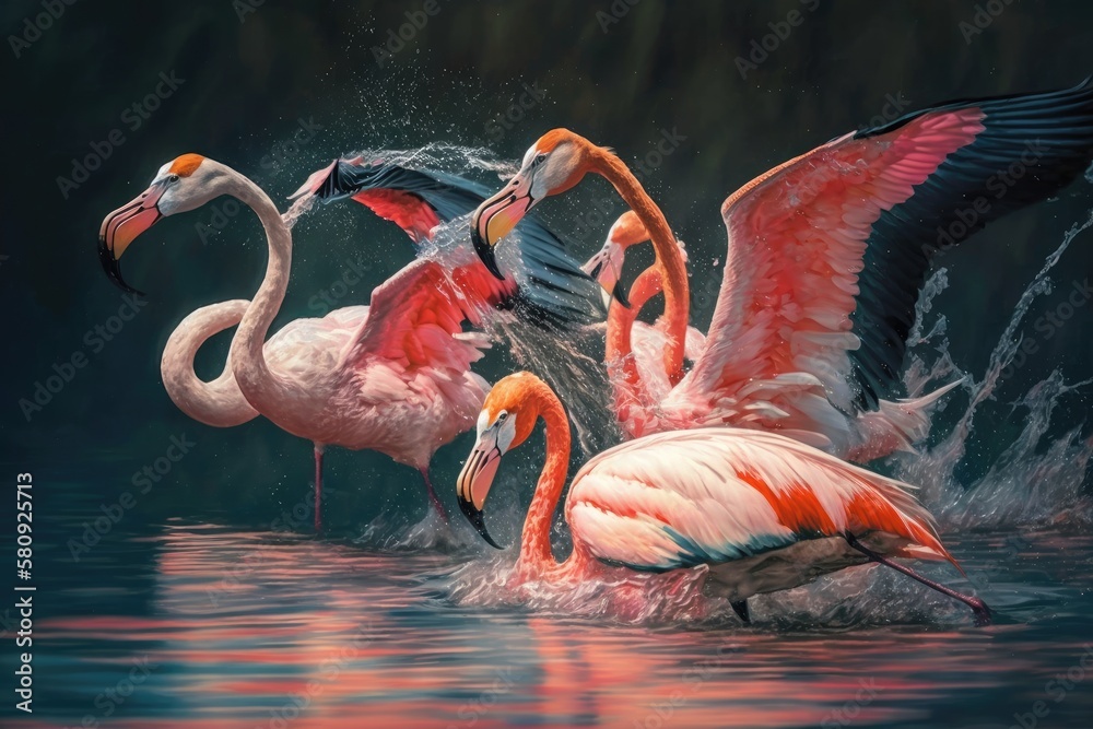 Phoenicopterus rubernice, pink large birds, fighting in the water, an animal in its natural habitat,