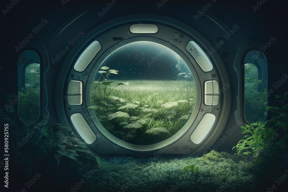 Uninhabited compartment in a deserted space station covered of grass and flora. The space stations 