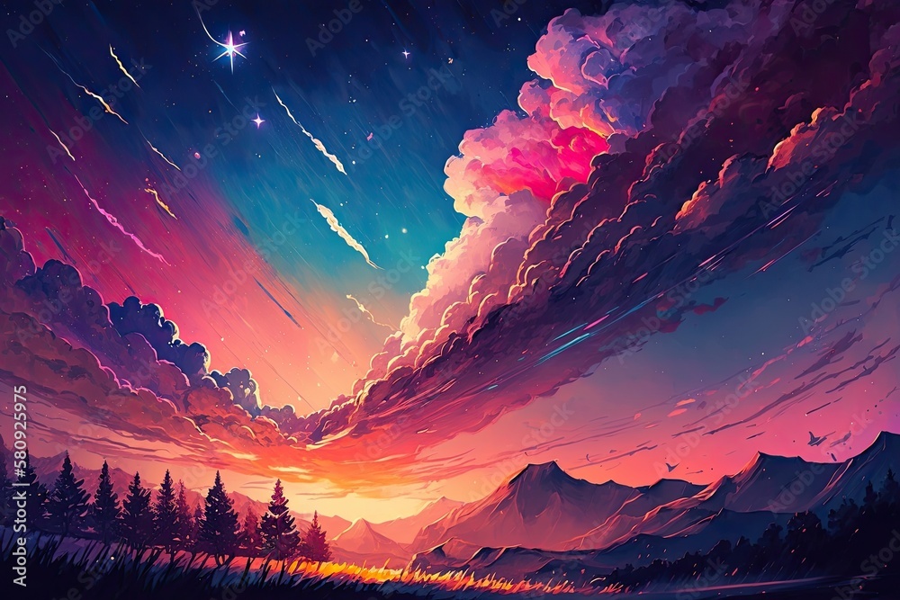 wonderful digital art illustration of a sparkling sky scene. Generative AI