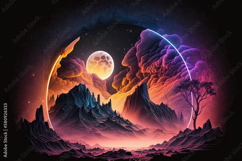 Abstract neon space landscape dream. Month and moon, mountains, fog, and star nebulae. Realistic fan