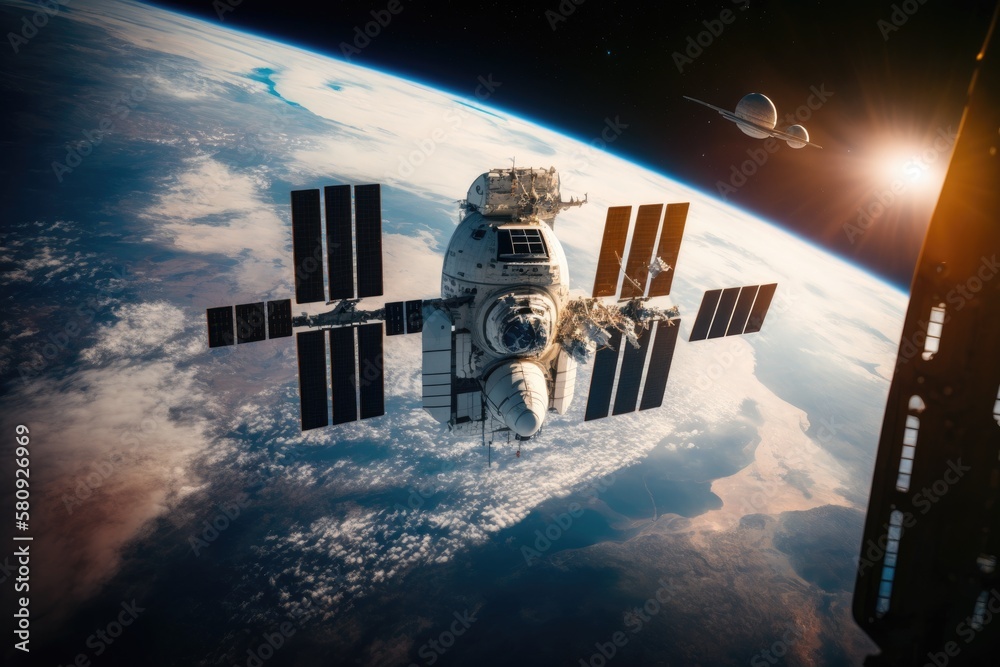 Astronauts and the International Space Station are in orbit above the planet Earth. This images com