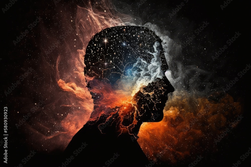 The universe within. Silhouette of a man with the space as a brain. The concept on scientific and ph