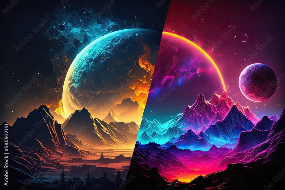 Abstract neon space landscape dream. Month and moon, mountains, fog, and star nebulae. Realistic fan