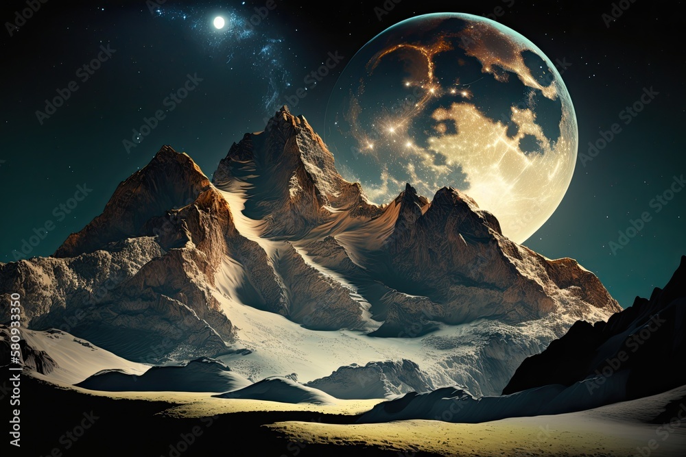 mountains illuminated by the moon. Generative AI