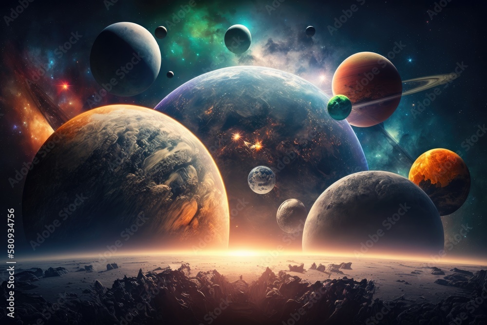 space age artwork. Beautiful composition of planets, galaxies, nebulas, and stars. fantastic for pri