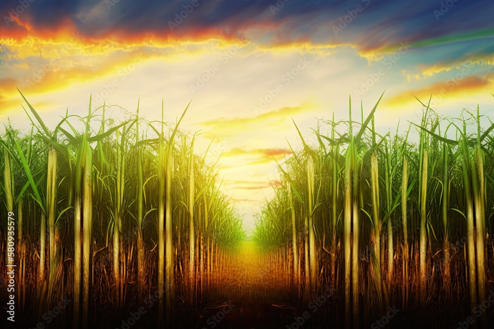 Agriculture, Sugarcane field at sunset. sugarcane is a grass of poaceae family. it taste sweet and g