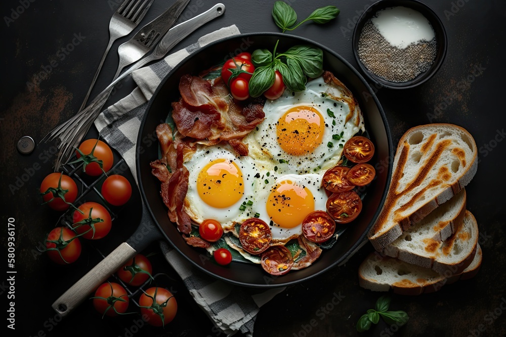 Pan of fried eggs, bacon and cherry tomatoes with bread on dark table surface, top view. Generative 