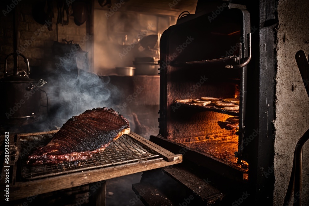 Southern BBQ in Texas Hickory being the brisket grilled and smoked in a chamber smoker. Generative A