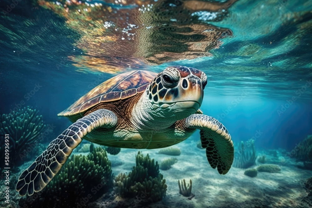 Blue water with a sea turtle. Cute sea turtle swimming in a tropical seas clear water. picture of a