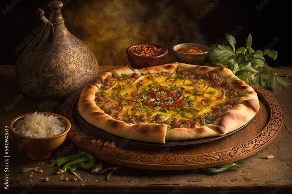 Manaqish, a typical Arabic dish, is served atop an oriental pizza. Generative AI