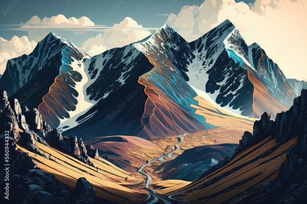 mountain ranges and a picturesque alpine landscape. Mountainous terrain as a backdrop. classic styli