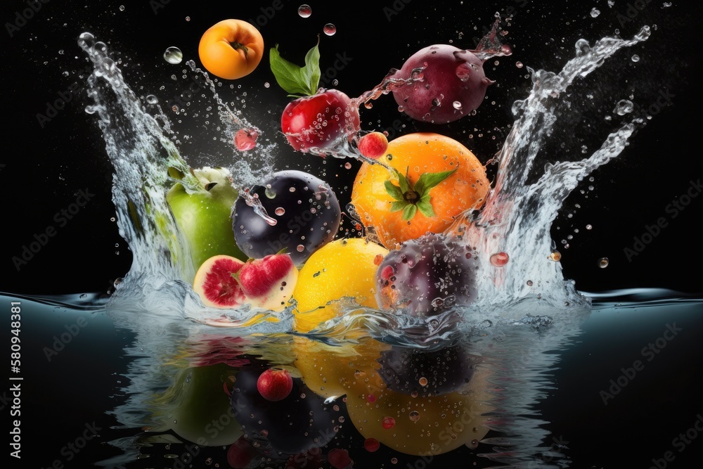 fruit splashed on water. Fresh fruits and vegetables are photographed as they are submerged in water