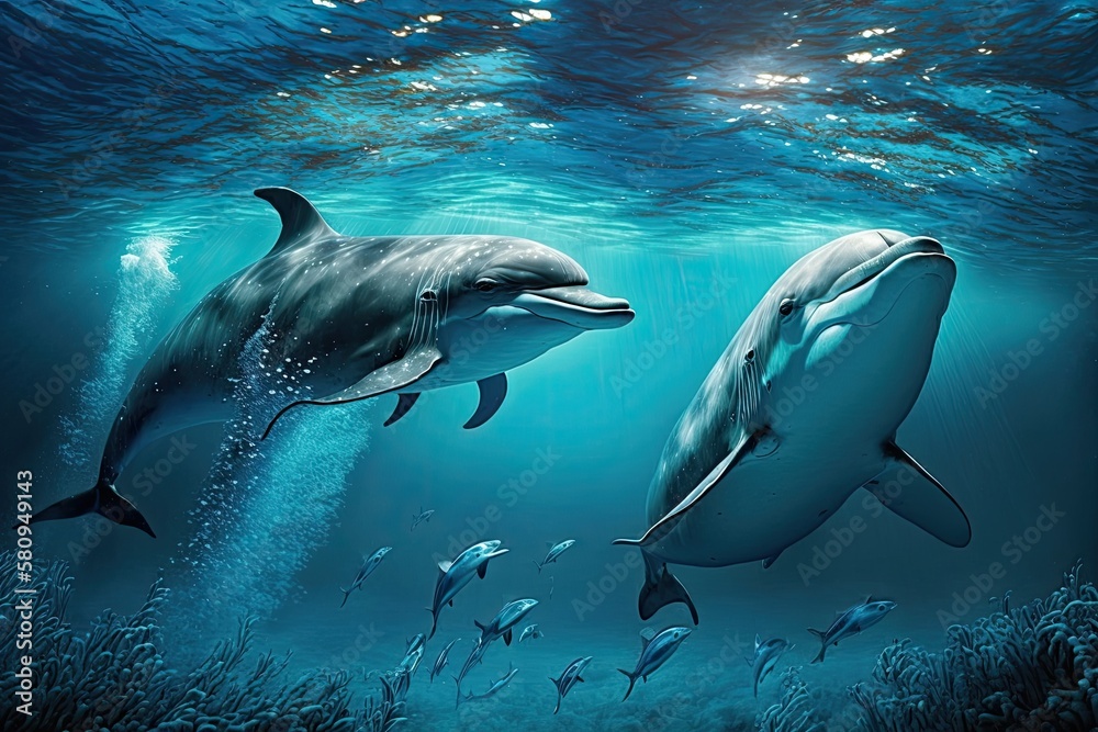 Dolphins swimming underwater in the sea. Generative AI