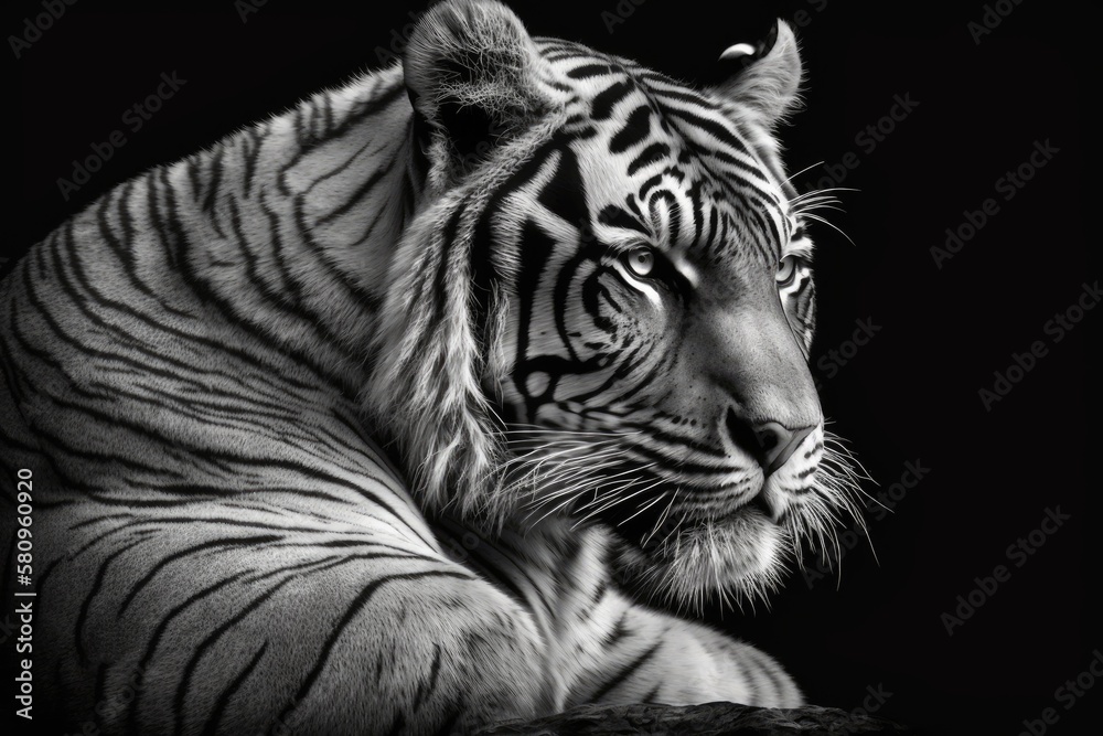 Beautiful tiger in black backdrop in black and white. Generative AI