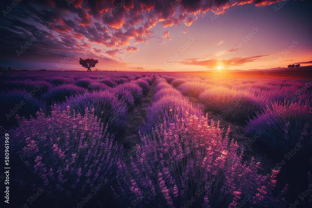 sunset in a field of lavender. Generative AI