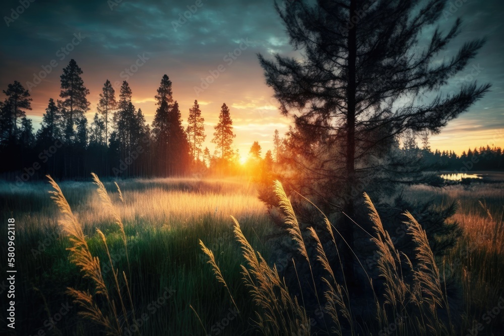 Beautiful sunrise over a meadow with pine trees and tall, wet grass. Generative AI