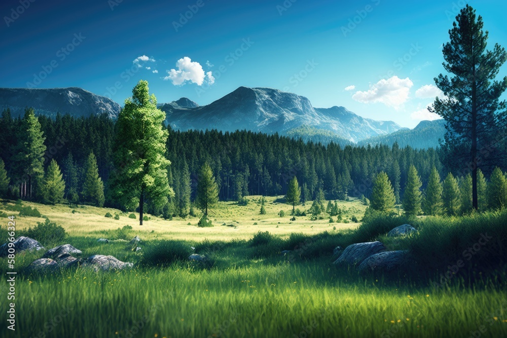 View of a forested mountainside with a clear blue sky in the distance and a lush green meadow. beaut