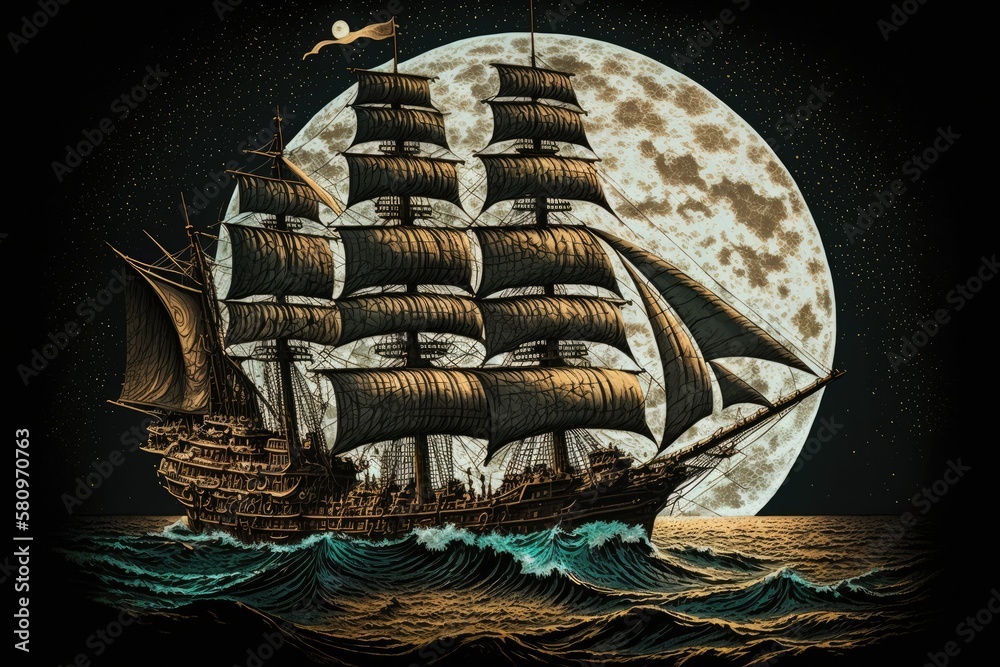 Full moon illustration of an antique ship at sea. Generative AI