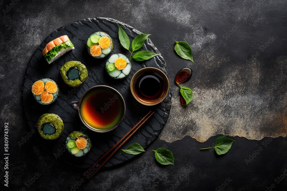 On a stone table with sushi, maki, and green tea. with copy space, the top view. Generative AI