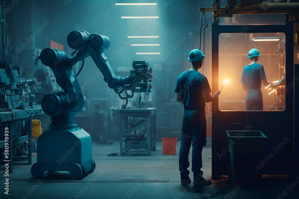 Two men in blue work clothes stand in a factory with a robot in the background, generative ai