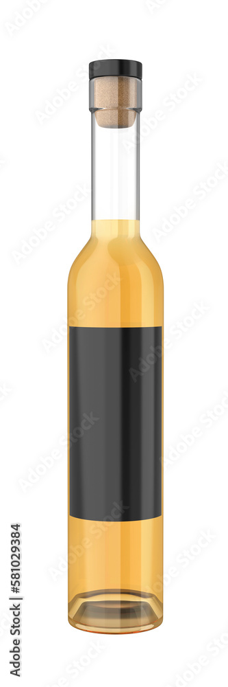 Tall glass bottle with black blank label full with whisky, brandy or other alcoholic beverage