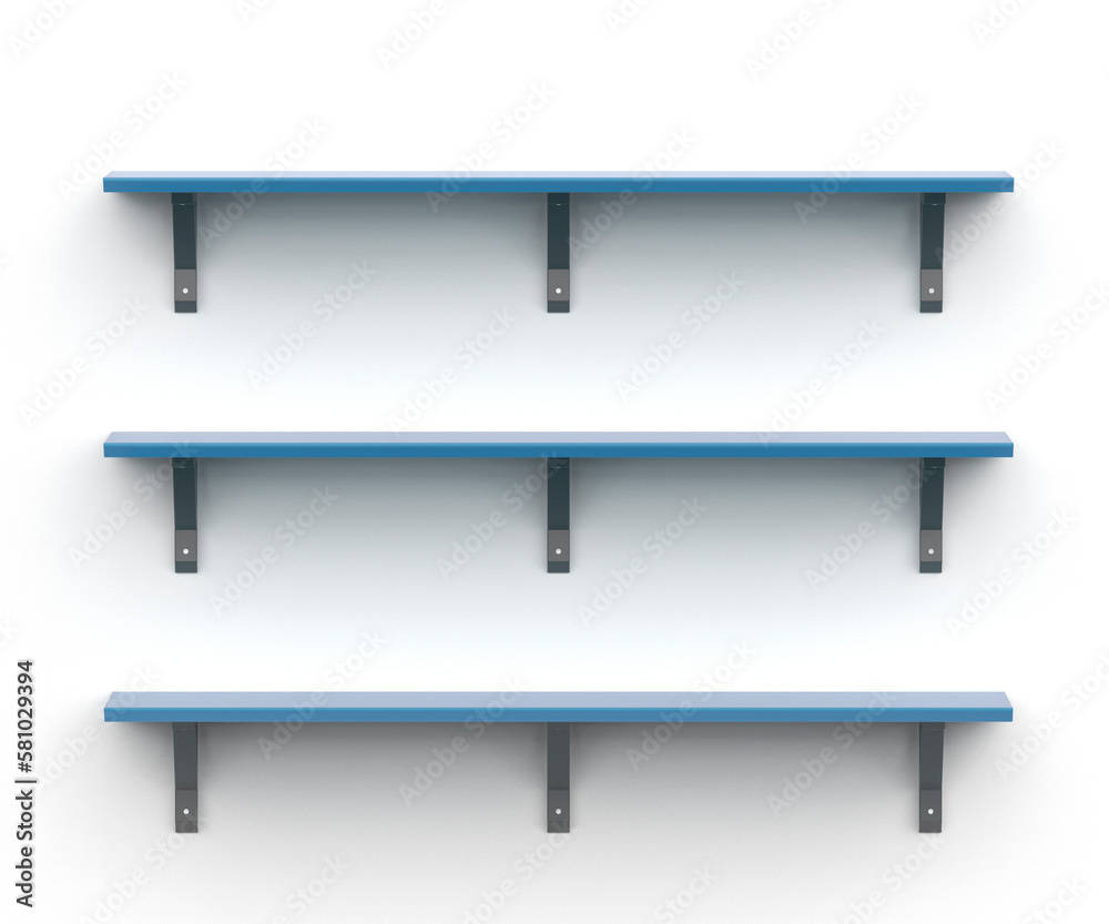 Three empty wooden shelves on the white wall, front view