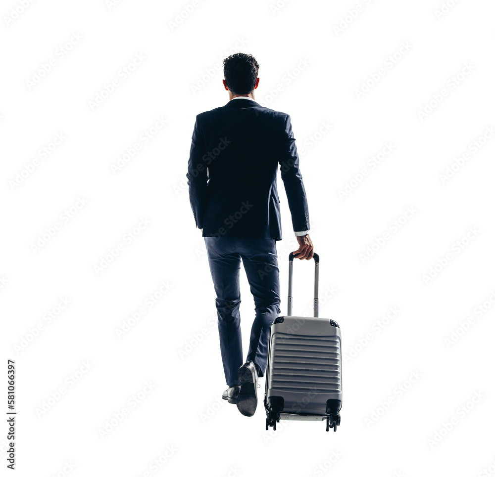 Rearview of a businessman going on a business trip on a transparent background