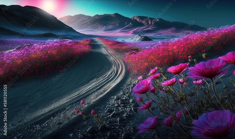  a painting of a dirt road with purple flowers in the foreground and mountains in the background wit