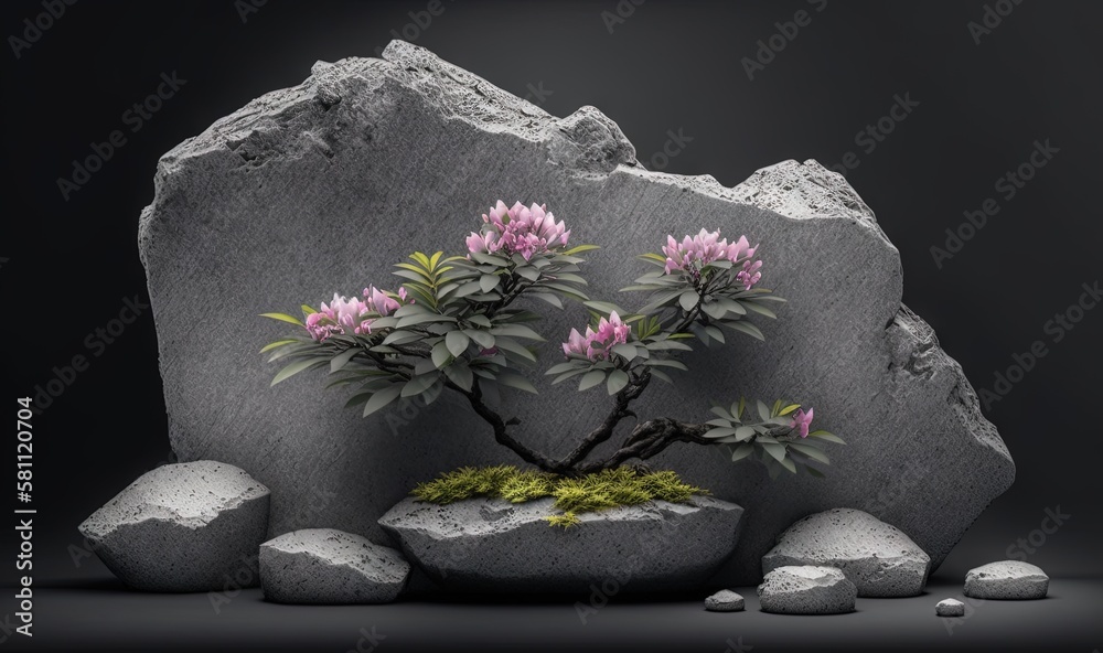  a bonsai tree is growing out of a rock with some rocks around it and a moss growing out of the rock