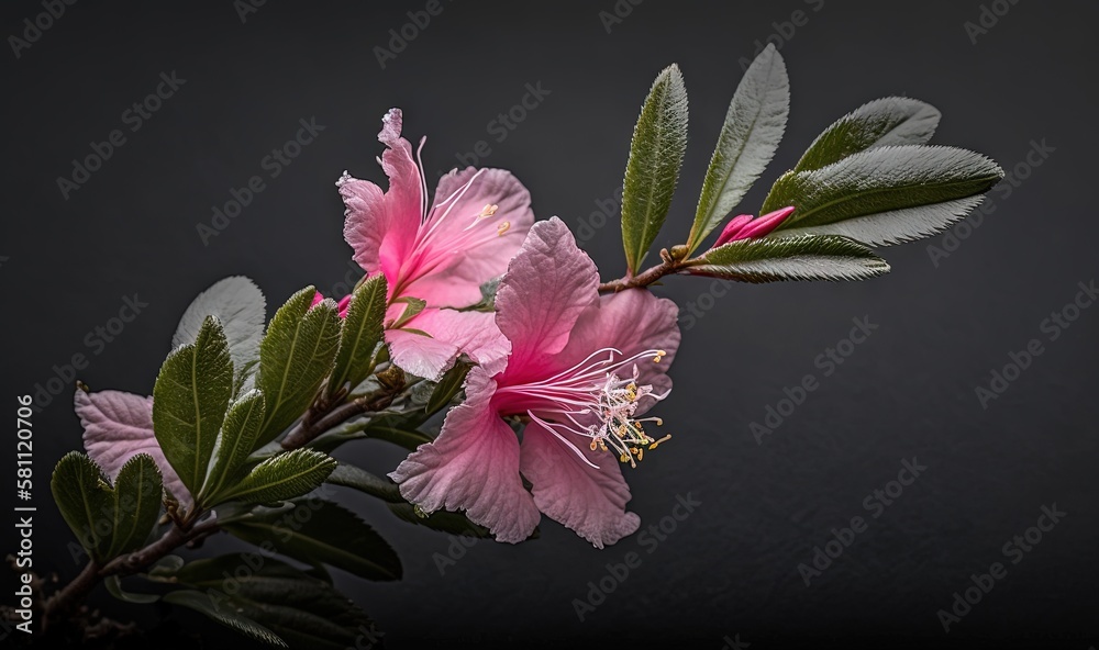  a pink flower with green leaves on a black background with a black background behind it and a black