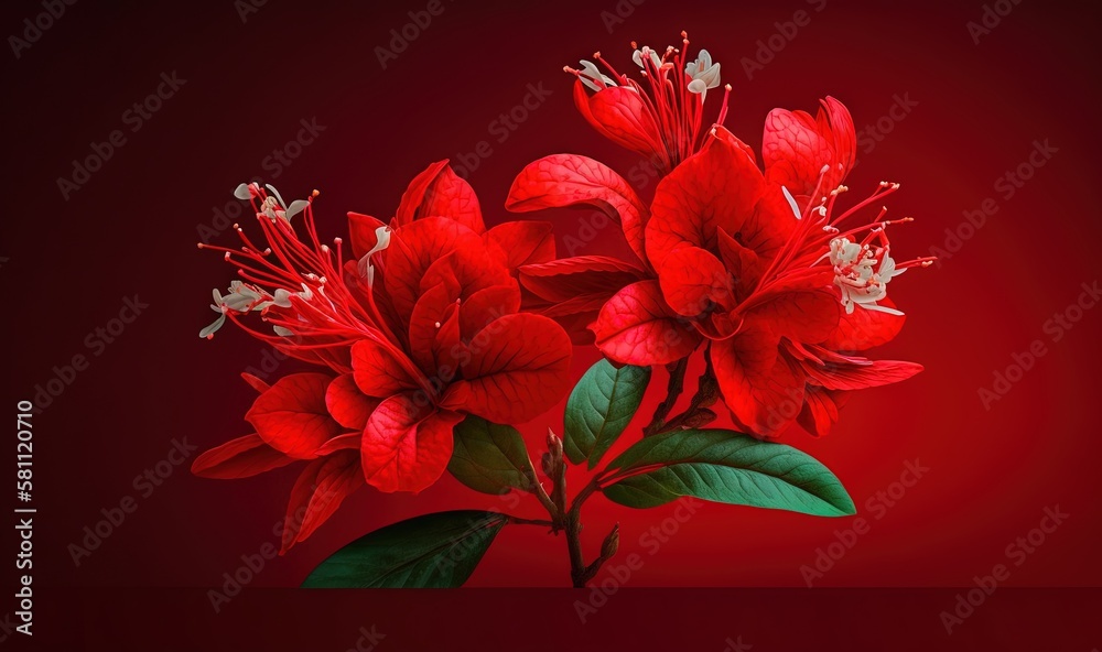  a red flower with green leaves on a red background with a white stamen in the center of the flower 