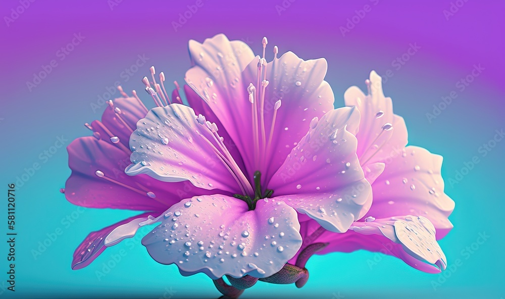  a pink flower with water drops on its petals and a blue background with a purple center and a purp