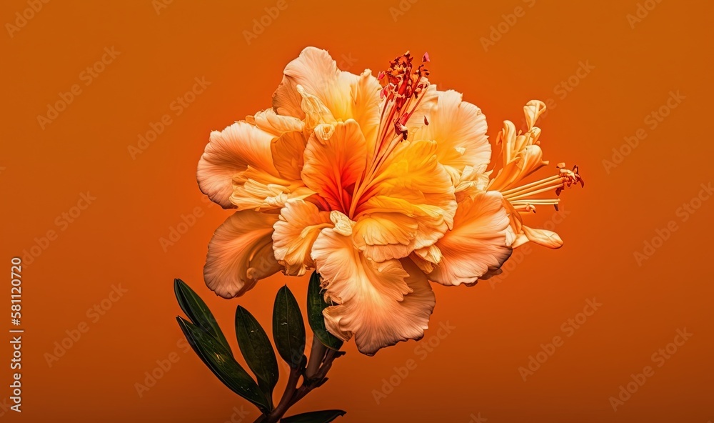  a yellow flower with a red center on an orange background with a green stem in the foreground and a