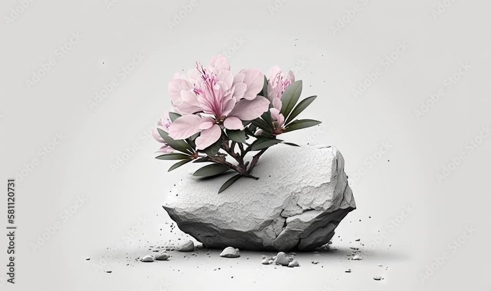  a rock with a flower growing out of it and a rock with a flower growing out of it on top of it, wit