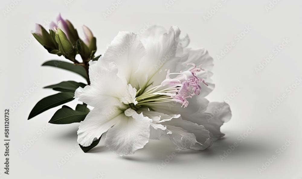  two white flowers with green leaves on a white background with a gray back dropping in the middle o