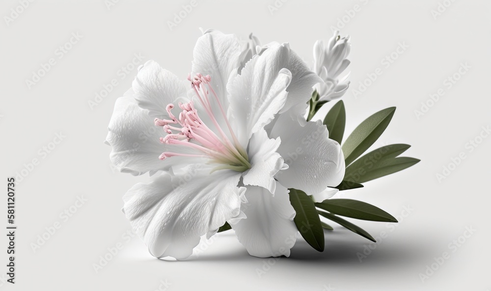  a white flower with pink stamens on a white background with a green leafy stem in the center of the