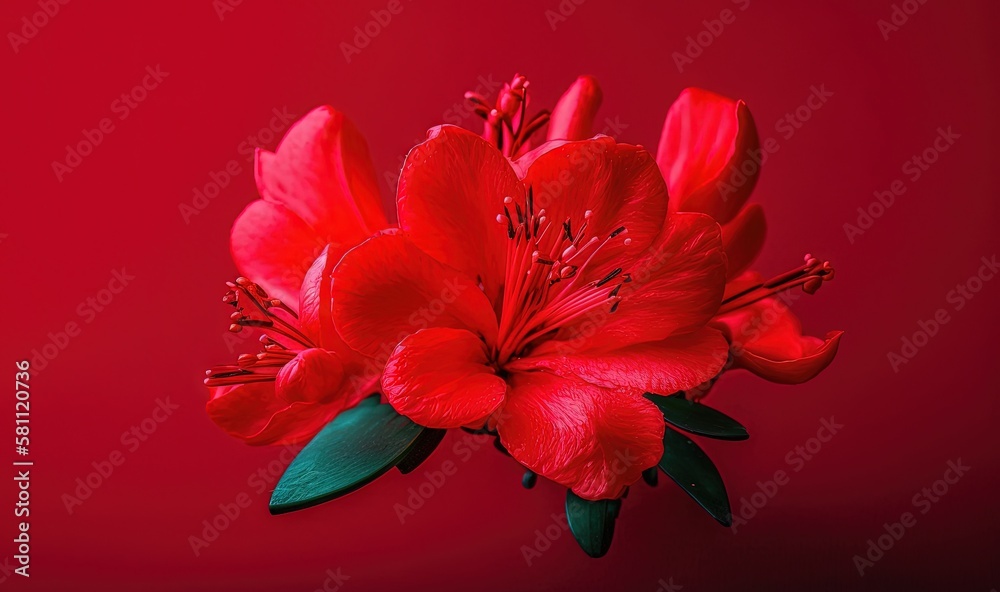  a red flower on a red background with a green leafy stem in the center of the flower and a green st