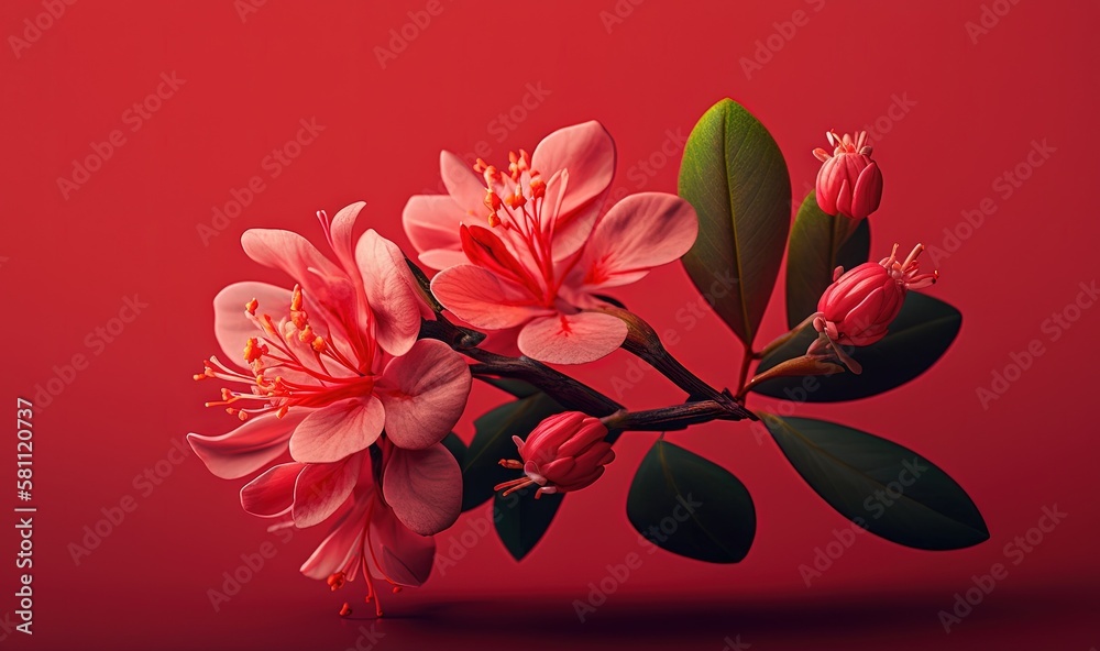  a pink flower with green leaves on a red background with a red background and a red background with