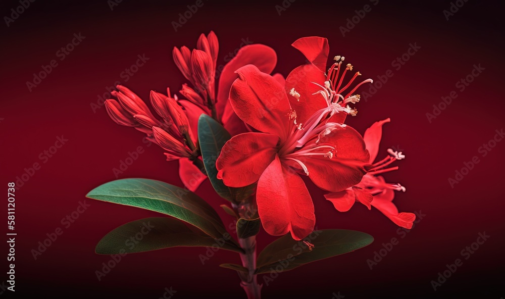  a red flower with green leaves on a red background with a black background and a red background wit