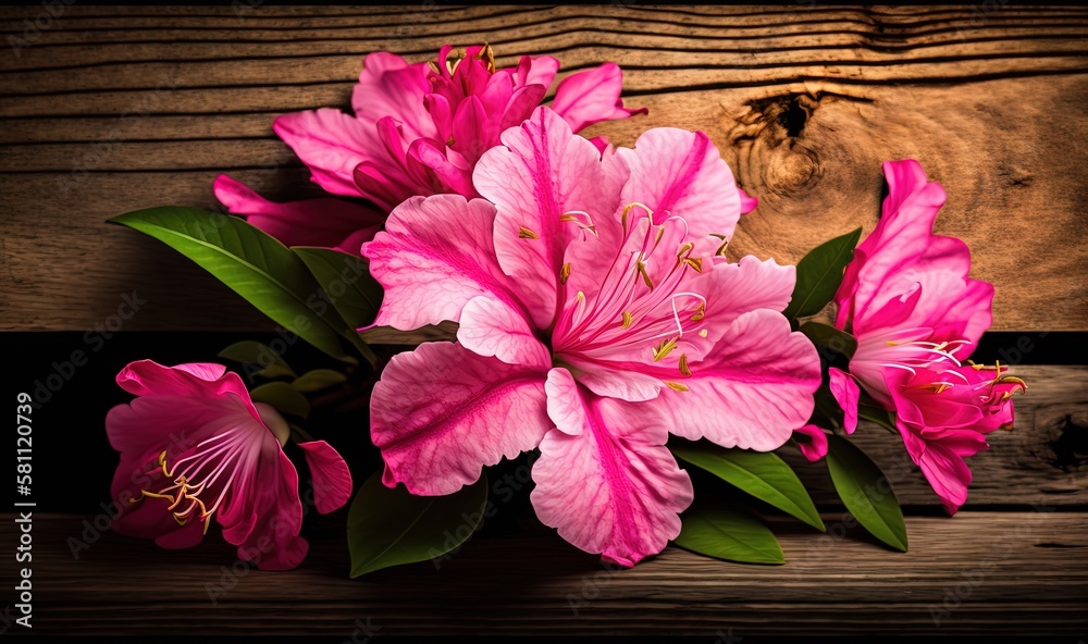  a bouquet of pink flowers sitting on top of a wooden table next to a wooden planked wall with a bir