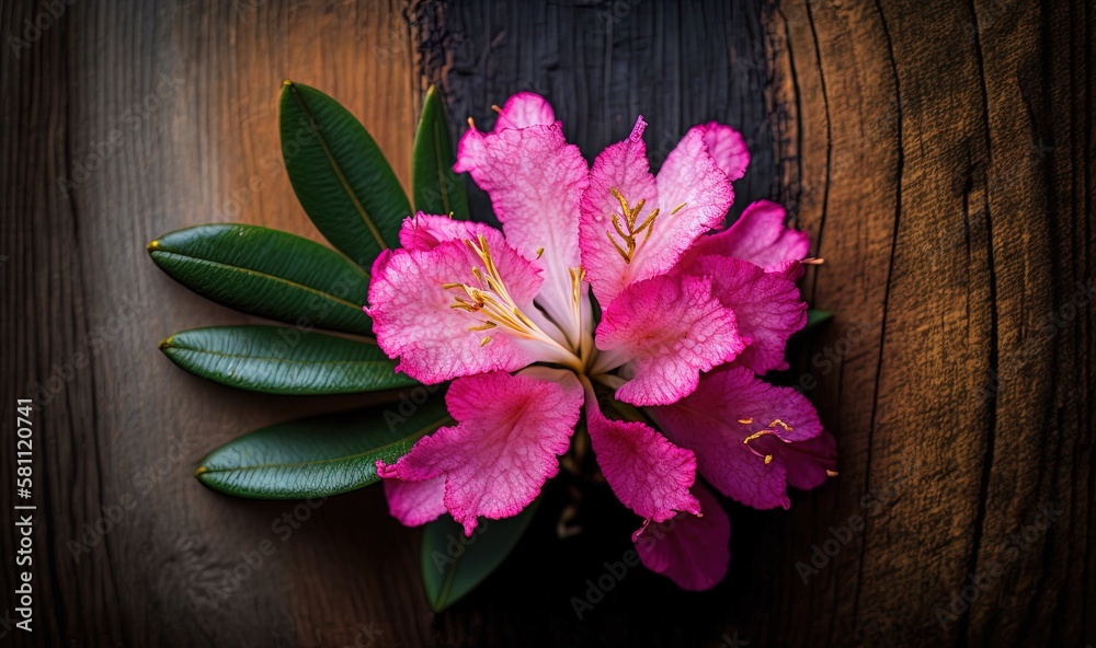  a pink flower with green leaves on a wooden surface with a dark background and a dark wood grained 