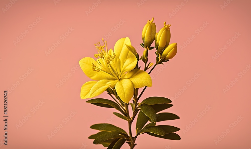  a yellow flower with green leaves on a pink background with a pink background in the back ground an