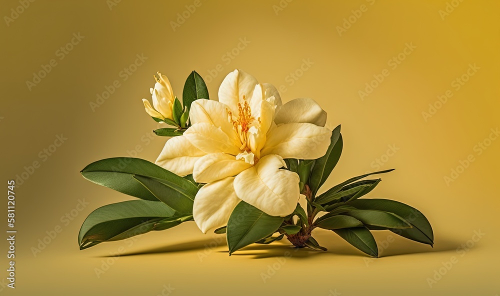  a yellow flower with green leaves on a yellow background with a yellow background and a yellow back