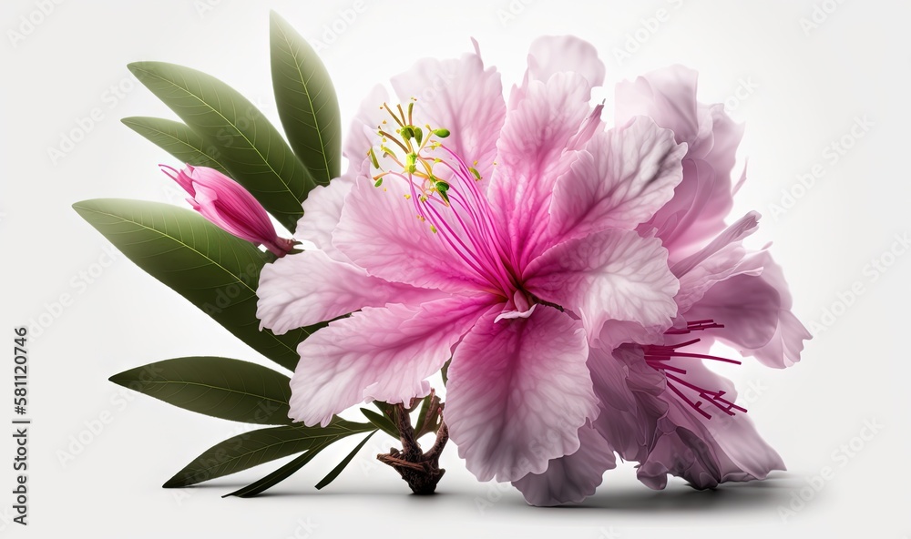  a pink flower with green leaves on a white background with a white back ground and a white back gro