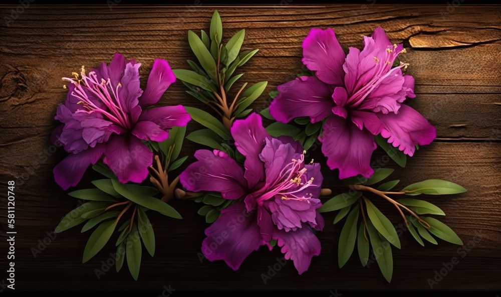  a bunch of purple flowers on a wooden surface with green leaves and stems on the top of the flowers