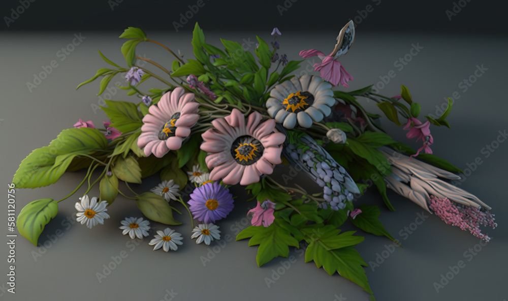  a bunch of flowers that are sitting on a table together with leaves and flowers in the middle of th